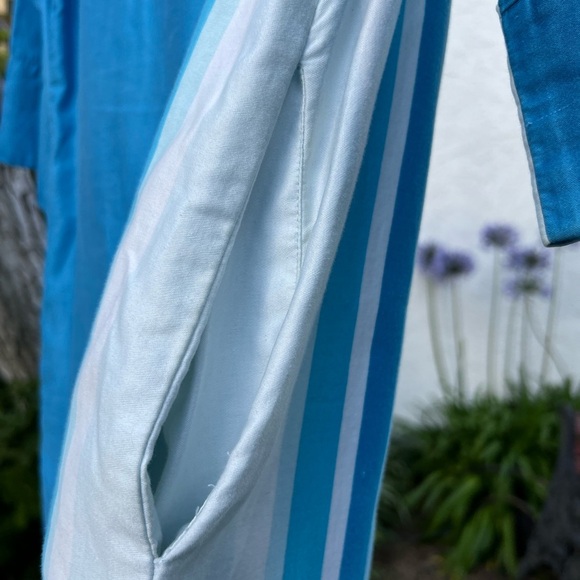 Vtg 70s Catherine Ogust Blue White Stripe Cotton Caftan Dress | Mandarin Collar - Picture 8 of 15